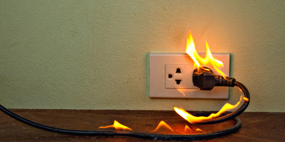 A wire plug connected to an outlet and on fire